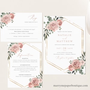 Wedding Invitation Template Set, Dusky Pink Floral, Wedding Invitation Suite, Printable, Editable, Templett INSTANT Download