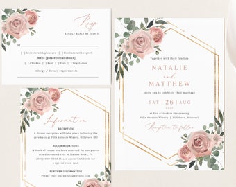 Wedding Invitation Template Set, Dusky Pink Floral, Wedding Invitation Suite, Printable, Editable, Templett INSTANT Download