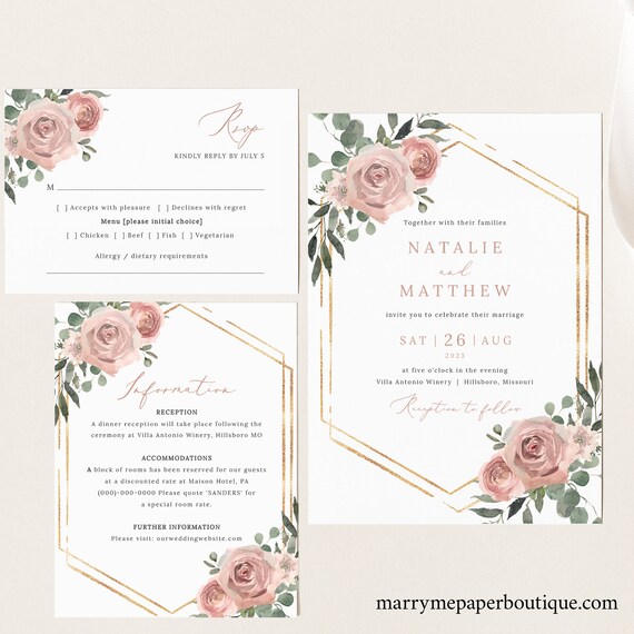 Wedding Invitation Template Set, Dusky Pink Floral, Wedding Invitation Suite, Printable, Editable, Templett INSTANT Download