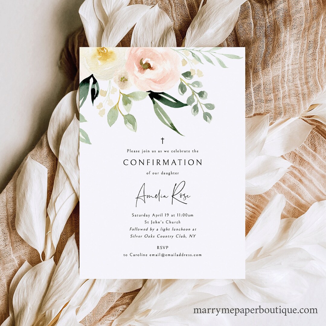 Confirmation Invitation Template, Pink Floral Greenery, Editable Invite ...