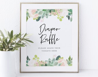 Diaper Raffle Sign and Ticket Template, Succulent Floral, Greenery, Baby Shower Sign, Printable, Editable, Templett INSTANT Download