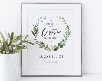 Small Baptism Welcome Sign Template, Elegant Greenery, 8x10 Baptism Table Sign, Printable, Templett INSTANT Download, Editable
