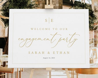 Engagement Party Welcome Sign Template, Minimalist Wedding Monogram, Gold, Engagement Party Sign, Editable, Templett INSTANT Download