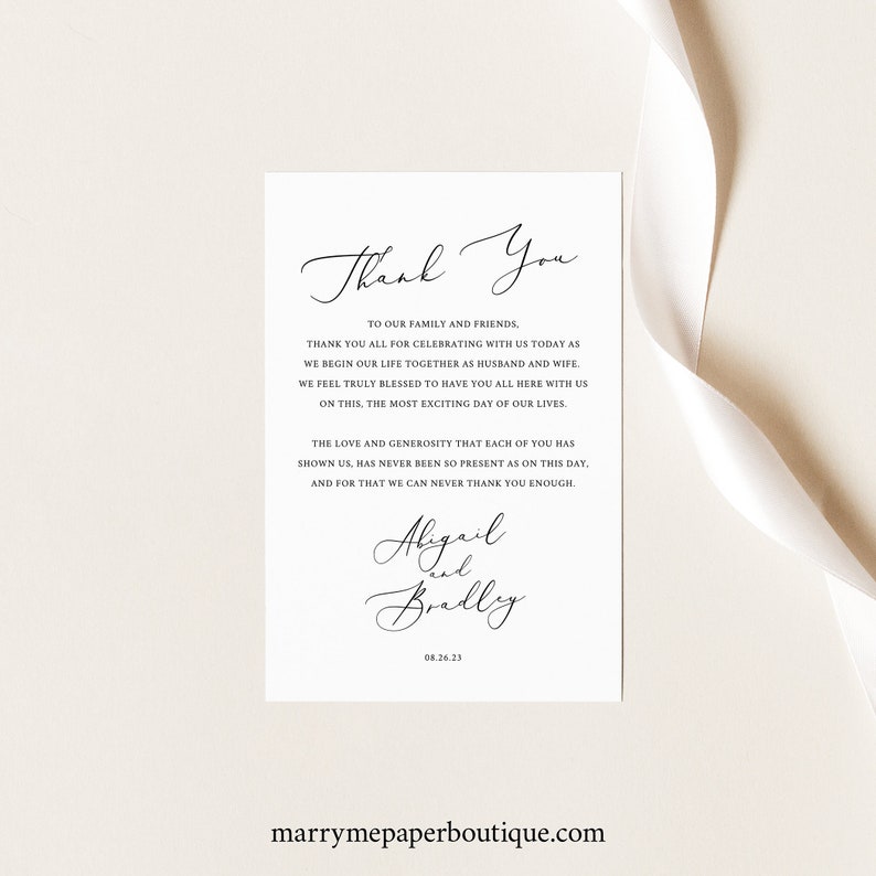 Thank You Note Template Elegant Script Wedding Thank You | Etsy