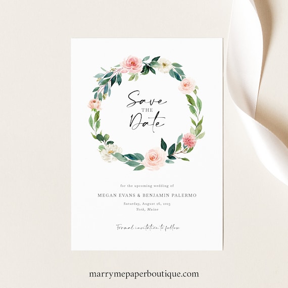 Save the Date Card Template, Blush Floral Greenery, Printable Save Our Date, Editable, Templett INSTANT Download