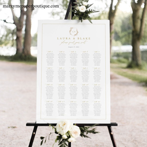 Wedding Seating Plan Template, Gold, Wedding Crest & Monogram, Seating Chart, Printable, Templett INSTANT Download, Editable, Vertical