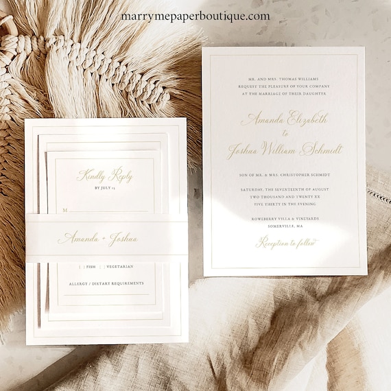 Wedding Invitation Template Set, Calligraphy Design in Gold, Editable, Includes RSVP, Details Card, Belly Band, Templett INSTANT Download