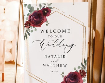 Wedding Welcome Sign Template, Elegant Burgundy Floral, Welcome To Our Wedding Sign, Printable, Poster, Hexagonal, Templett INSTANT Download