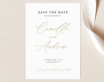 Save the Date Template, Stylish Script Gold, Editable & Printable Instant Download, Demo Available, Templett