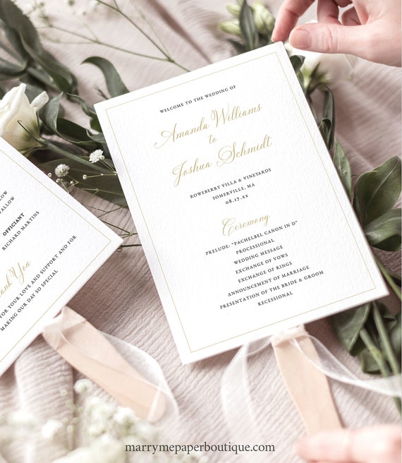 Wedding Program Fan Template, Traditional Wedding Calligraphy in Gold, Editable Wedding Fan Program, Ceremony Fan, Templett INSTANT Download