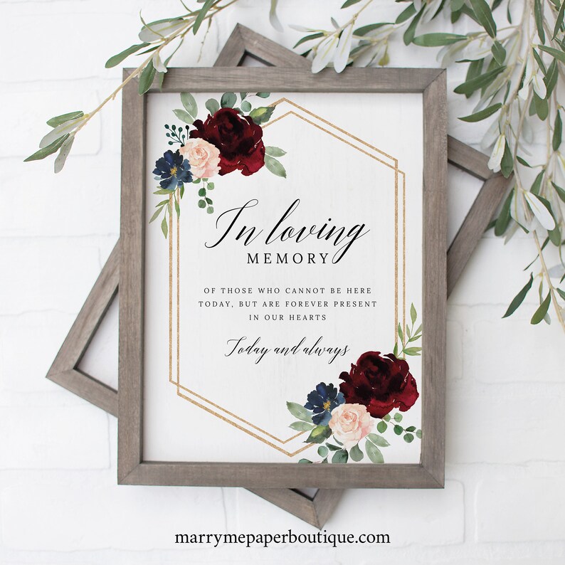Burgundy Navy Non-Editable Instant Download In Loving Memory Sign Template