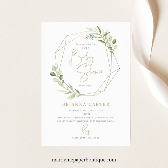 Baby Shower Invitation Template, Editable Printable Instant Download, Greenery & Gold, Try the Demo!