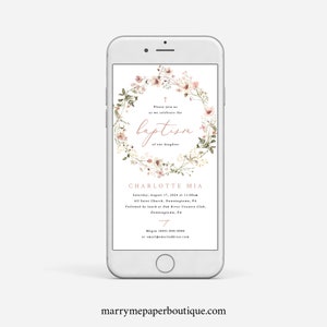 Digital Baptism Text Invitation Template, Rustic Pink Flowers, Pink Baptism Text Invite, Editable, Electronic, Templett INSTANT Download image 2