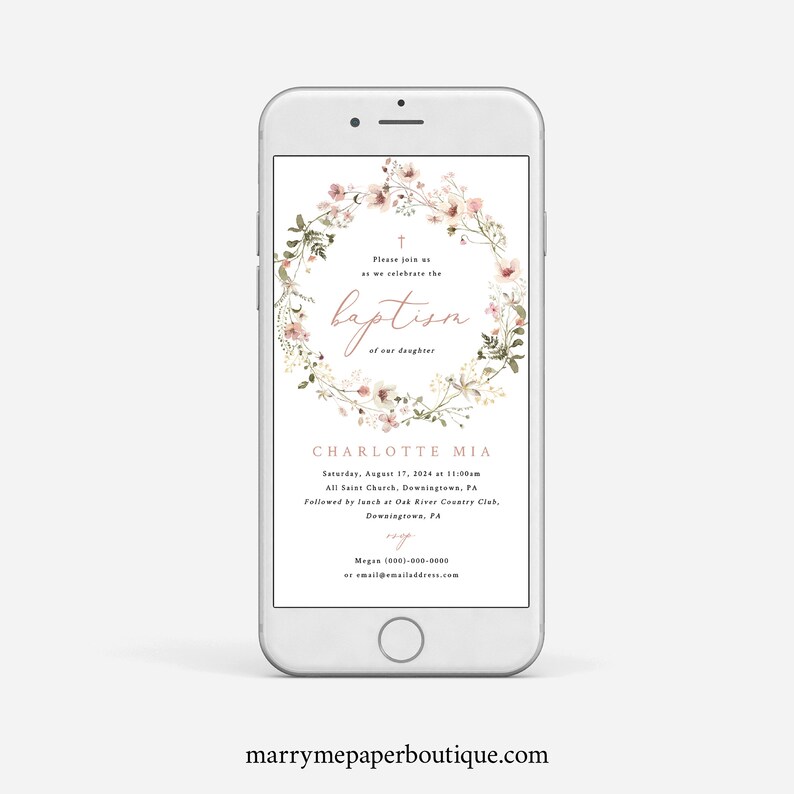 Digital Baptism Text Invitation Template, Rustic Pink Flowers, Pink Baptism Text Invite, Editable, Electronic, Templett INSTANT Download image 2