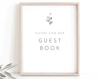 Wedding Guest Book Sign Template, Elegant Botanic Flowers, Editable, Please Sign Our Guestbook Sign, Printable, Templett INSTANT Download