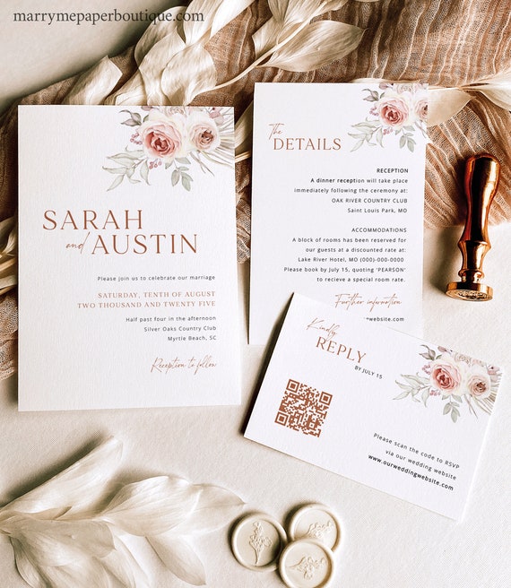 Wedding Invitation Template Set, Blush Floral Boho, QR Code RSVP, Details, Editable, Wedding Invite, Printable, Templett INSTANT Download