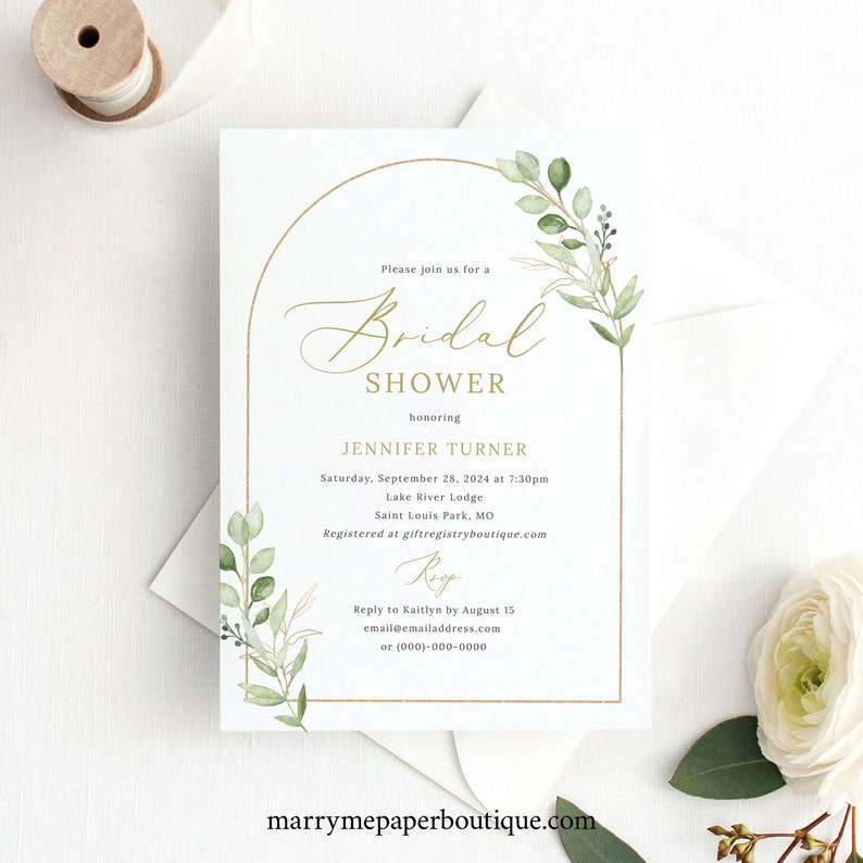 Bridal Shower Invitation Template, Elegant Greenery Arch, Editable Bridal Shower Invitation Card, Printable, Templett INSTANT Download image 3