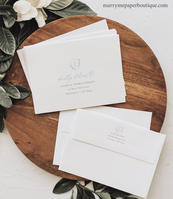 Wedding Envelope Addressing Template, Light Blue Crest & Monogram, Editable, Wedding Envelope Address Template, Templett INSTANT Download