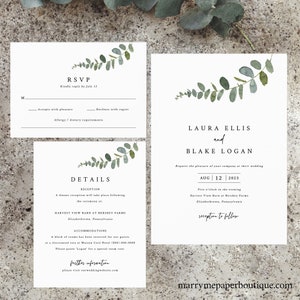 Eucalyptus Wedding Invitation Template Set, Try Before Purchase, Greenery Wedding Invites Printable, Templett Instant Download
