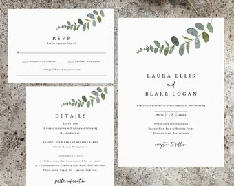 Eucalyptus Wedding Invitation Template Set, Try Before Purchase, Greenery Wedding Invites Printable, Templett Instant Download