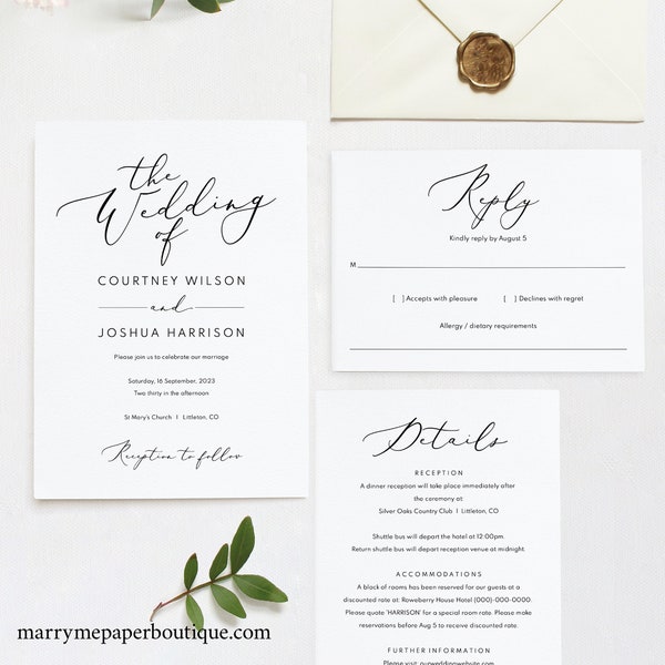 Wedding Invitation Set Template, Try Before Purchase, Printable Wedding Invite Template,  Editable, Calligraphy, Instant Download