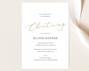 Christening Invitation Template, Gold Font, Editable & Printable Instant Download, Demo Available