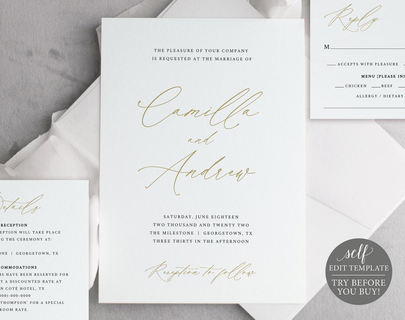 Printable Editable Instant Download Wedding Invitation Templates Stylish Gold Script Free Demo Available