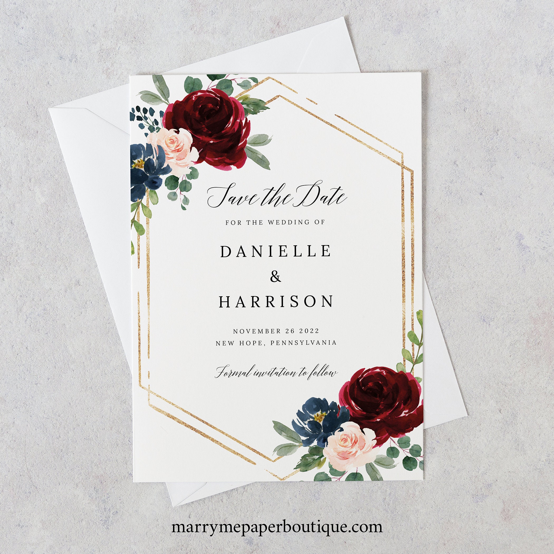 Save the Date Card Template, Burgundy Navy, Printable ...