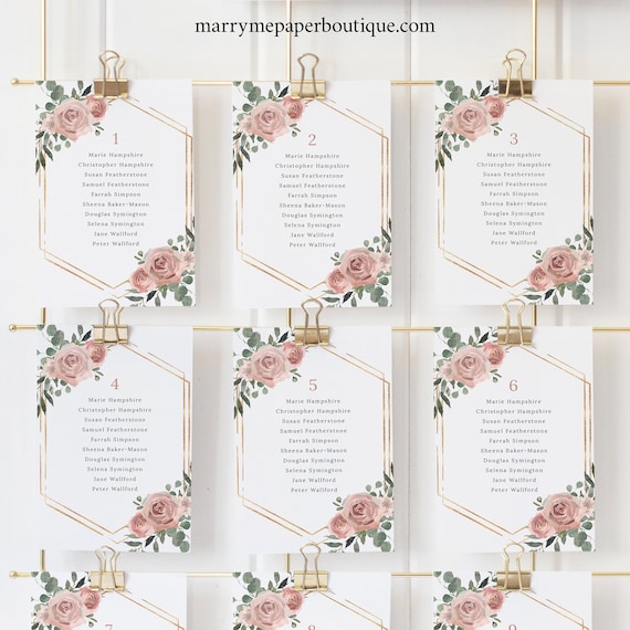 Seating Cards Template, Dusky Pink Floral, Printable Wedding Seating Chart Cards, Editable, Templett INSTANT Download