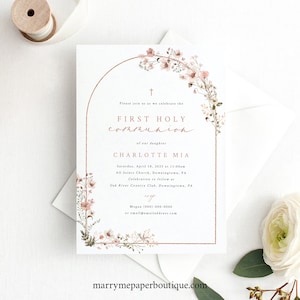 First Holy Communion Invitation Template, Rustic Pink Flower Arch, Editable First Communion Invite Card Printable, Templett INSTANT Download image 3