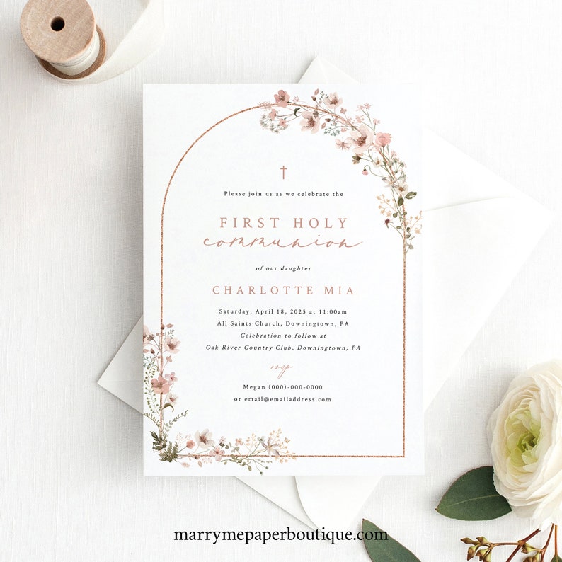 First Holy Communion Invitation Template, Rustic Pink Flower Arch, Editable First Communion Invite Card Printable, Templett INSTANT Download image 3