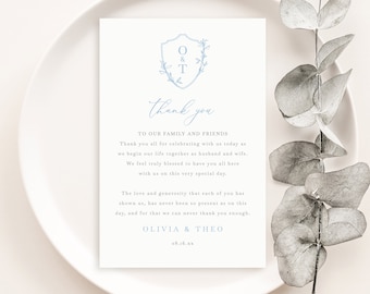 Thank You Letter Template, Light Blue Crest & Monogram, Wedding Table Thank You Note, Printable, Editable, 4x6, Templett INSTANT Download