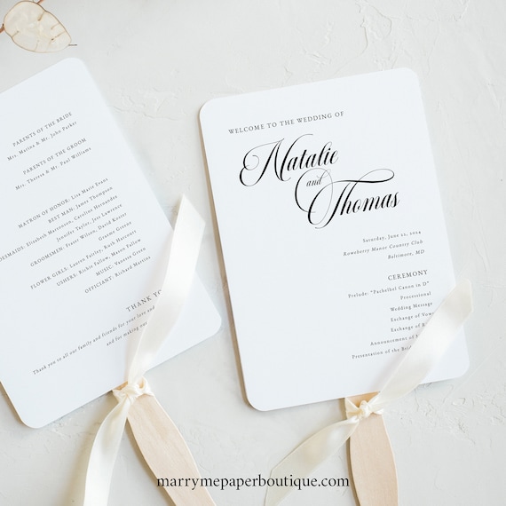 Wedding Program Fan Template, Classic Wedding Calligraphy, Editable Wedding Fan Program Printable, Elegant, Templett INSTANT Download