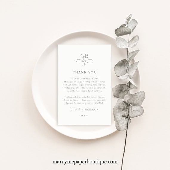 Wedding Thank You Letter Template, Elegant Monogram, Editable, Elegant Wedding Guest Thank You Note, Printable, Templett INSTANT Download