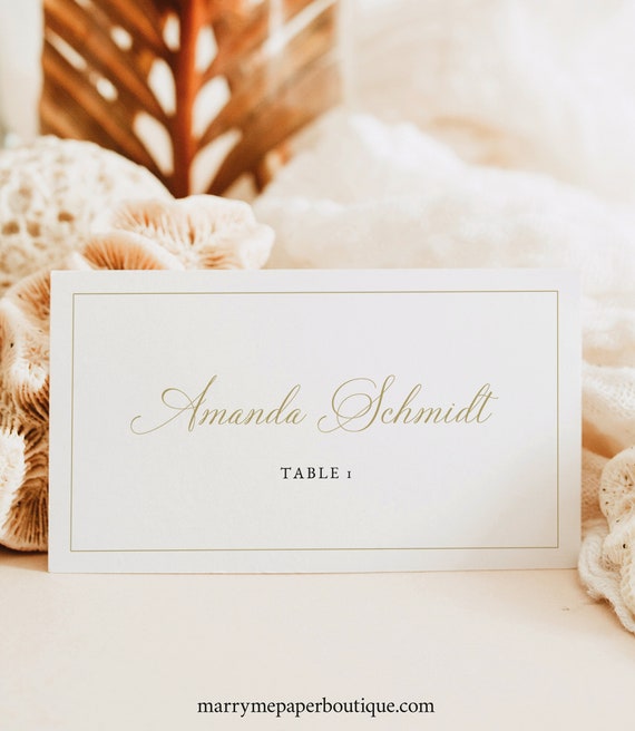 Wedding Place Card Template, Calligraphy Design Gold, Flat, Tent, Editable Wedding Seating Place Cards, Printable, Templett INSTANT Download