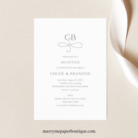 Reception Invitation Template, Elegant Monogram, Editable, Elegant Wedding Reception Invite Card, Printable, Templett INSTANT Download