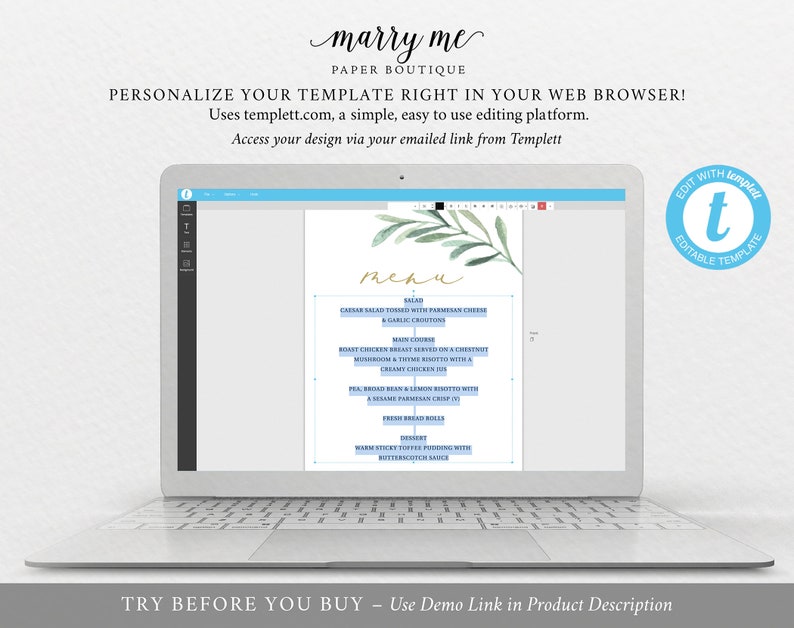 Greenery Leaf TRY BEFORE You BUY Editable Instant Download Baptism Menu Template 5x7