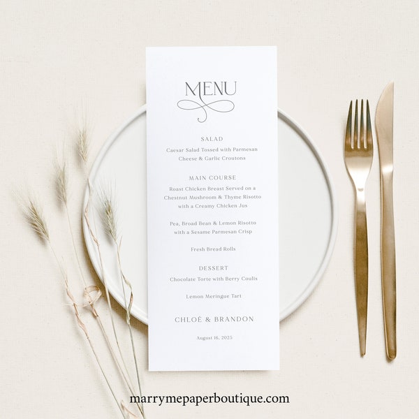 Wedding Menu Template, Elegant, Printable, Editable, Elegant Wedding Table Menu Card, Long Menu, Templett INSTANT Download