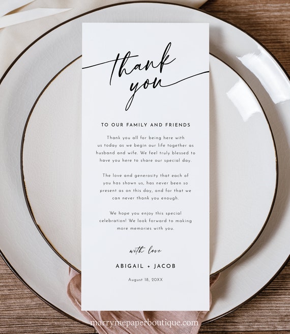 Thank You Letter Template, Minimalist Calligraphy, 4x9, Modern Wedding Table Thank You Note, Printable, Editable, Templett INSTANT Download