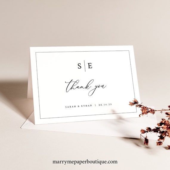 Thank You Card Template, Minimalist Wedding Monogram, Editable, Folding, Monogram Thank You Card, Printable, Templett INSTANT Download