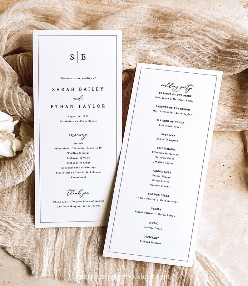 Wedding Program Template, Minimalist Wedding Monogram, Printable, Wedding Ceremony Program, Editable Tall Program, Templett INSTANT Download image 2