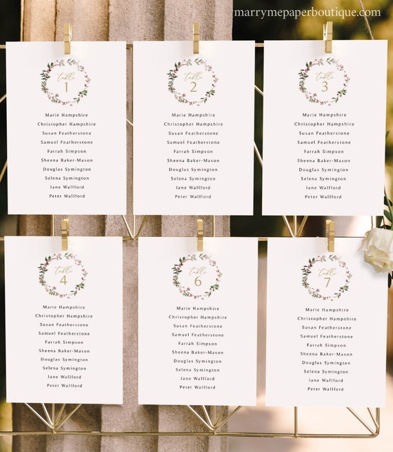 Winter Seating Plan Cards Template, Elegant Winter Wreath, Editable, Wedding Seating Chart Cards, Printable, 4x6, Templett INSTANT Download