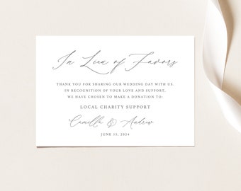 Classic In Lieu of Favors Card Template, Modern Stylish Script, Printable, Charity Donation Card, Editable, Templett INSTANT Download