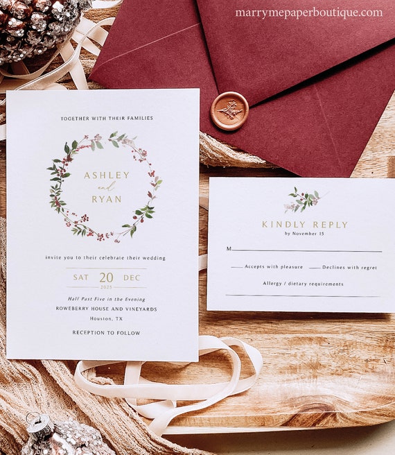 Wedding Invitation Templates, Winter Wreath, Printable, Editable, Winter Wedding Invite, RSVP, Details, Christmas, Templett INSTANT Download