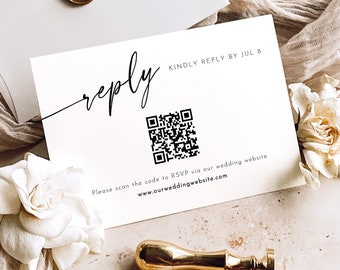 RSVP Card Template, Modern Minimalist Calligraphy, QR Code RSVP Enclosure Card, Editable, Modern Reply Card, Templett Instant Download