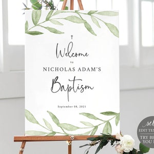Baptism Welcome Sign Template, Greenery Leaves, Try Before Purchase, Editable Instant Download
