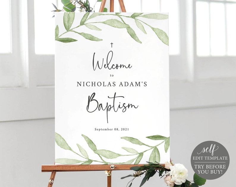 Editable Instant Download Baptism Welcome Sign Template Greenery Leaves TRY BEFORE You BUY