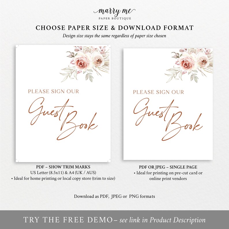 Wedding Guest Book Sign Template Elegant Floral Boho 8x10 Etsy