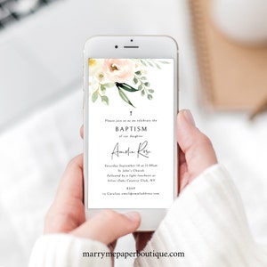 Digital Baptism Electronic Invitation Template, Pink Floral Greenery, Editable, Girl Baptism, Text Invite, Templett INSTANT Download