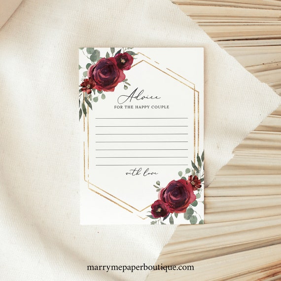 Advice Card Template, Elegant Burgundy Floral, Editable, Burgundy Flowers Wedding Advice Card, Printable Advice, Templett INSTANT Download